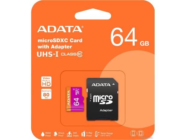 Карта памяти ADATA Premier microSDXC UHS-I U1 Class 10 64GB (AUSDX64GUICL10-RA1)