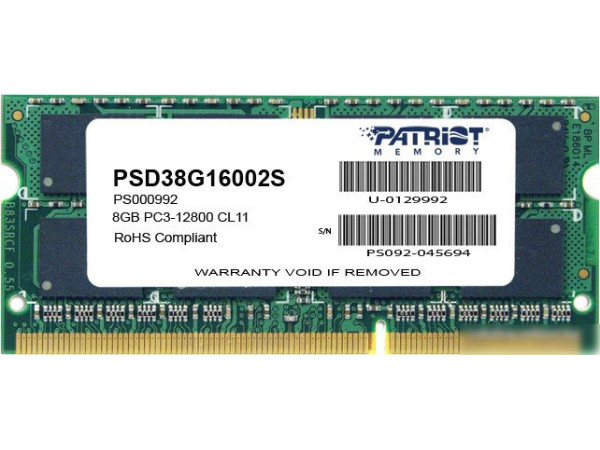 Оперативная память Patriot Signature 8GB DDR3 SO-DIMM PC3-12800 (PSD38G16002S)