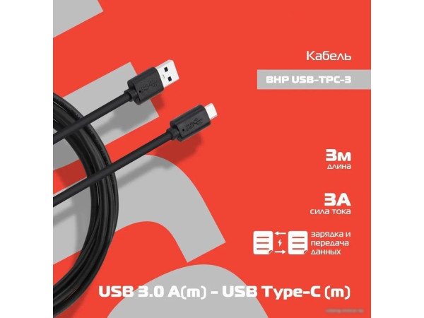 Кабель Buro BHP USB-TPC-3 USB Type-A - USB Type-C (3 м, черный)