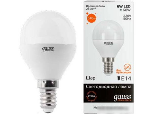 Светодиодная лампа Gauss Elementary E14 6Вт 2700К [53116]