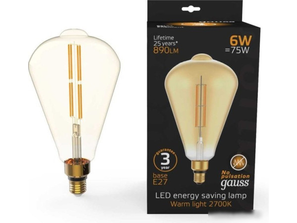 Светодиодная лампочка Gauss Filament ST164 E27 6W 890lm 2700K golden straight 157802118