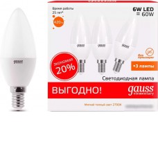 Светодиодная лампочка Gauss Elementary Свеча 6W 420lm 3000K E14 33116T (3 шт)