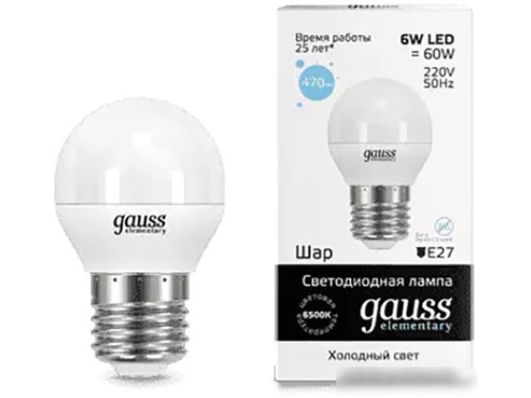 Светодиодная лампочка Gauss Elementary Globe 6W E27 6500K 53236