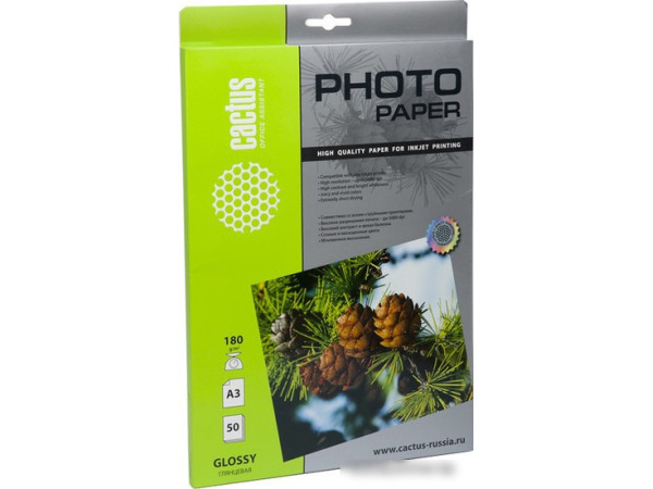 Фотобумага CACTUS Глянцевая A3 180 г/кв.м. 50 листов (CS-GA318050)