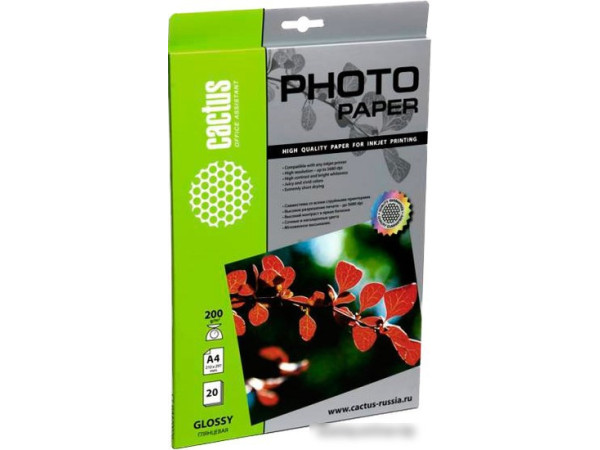 Фотобумага CACTUS Глянцвая А4 200 г/м2 20 листов (CS-GA420020)
