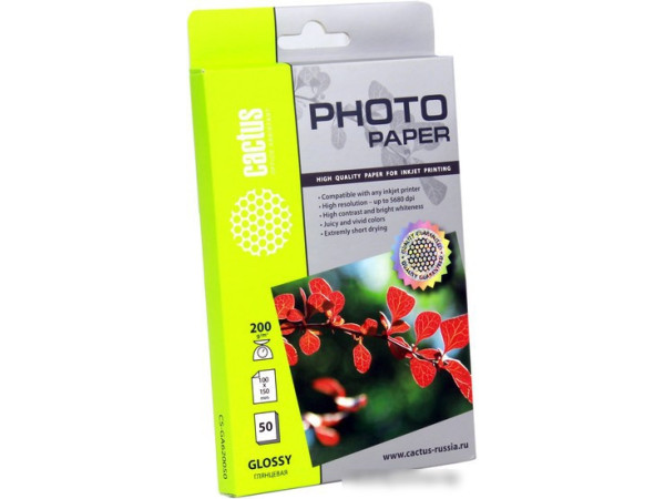 Фотобумага CACTUS Глянцевая 10х15 200 г/кв.м. 50 листов [CS-GA620050]