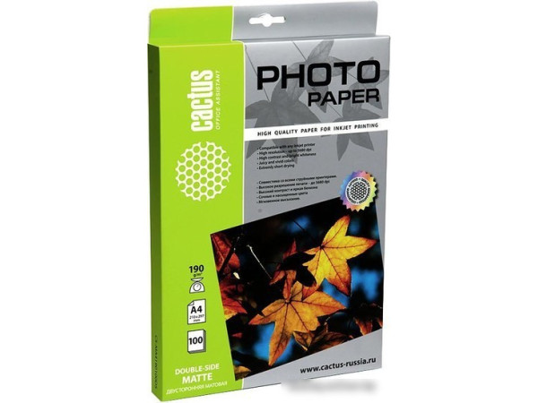 Фотобумага CACTUS Двусторонняя матовая A4 190 г/кв.м. 100 листов (CS-MA4190100DS)