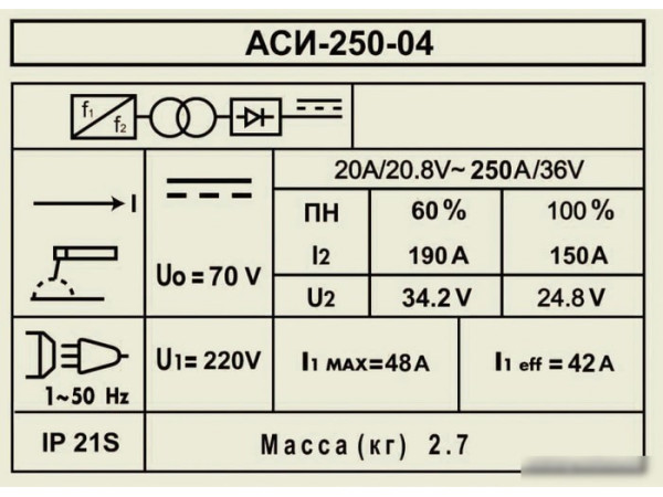 Сварочный инвертор ДИОЛД АСИ 250-04
