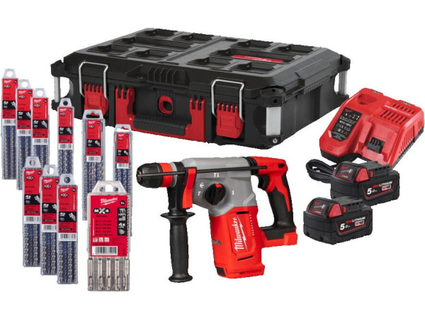 Перфоратор Milwaukee M18 BLHX100P-502P 4933498243 (с 2-мя АКБ, кейс, набор оснастки)