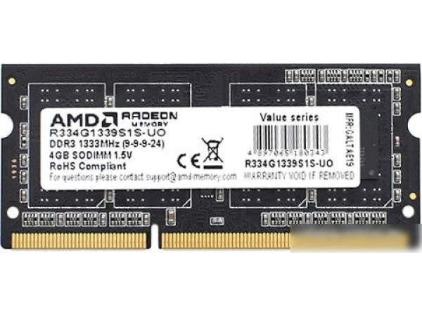 Оперативная память AMD Radeon R3 4GB DDR3 SODIMM PC4-10600 R334G1339S1S-UO