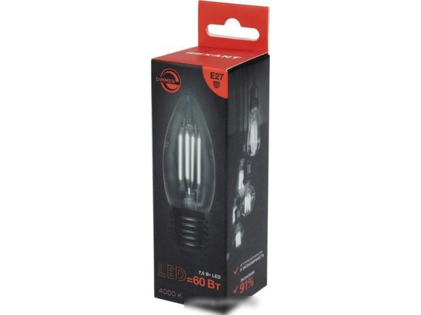 Светодиодная лампочка Rexant Свеча CN35 7.5Вт E27 600Лм 4000K нейтральный свет 604-090