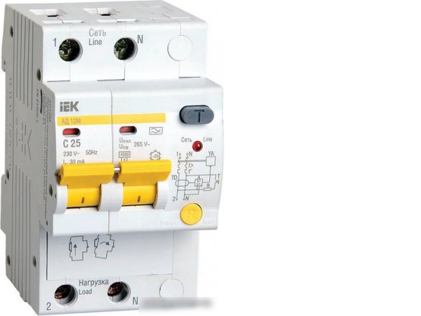 Дифференциальный автомат IEK АД-12М 2Р 25А 30мА MAD12-2-025-C-030