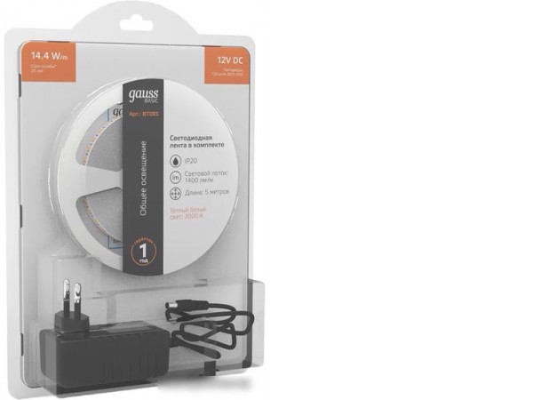 Готовый комплект светодиодной ленты Gauss LED 2835/120 12V 14,4W/m 1400lm/m 3000K 8mm IP20 5m 1/50 BT085