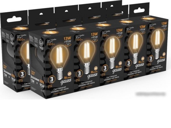 Светодиодная лампочка Gauss Filament Шар 13W 1100lm 2700К Е14 LED 1/10/50 105801113