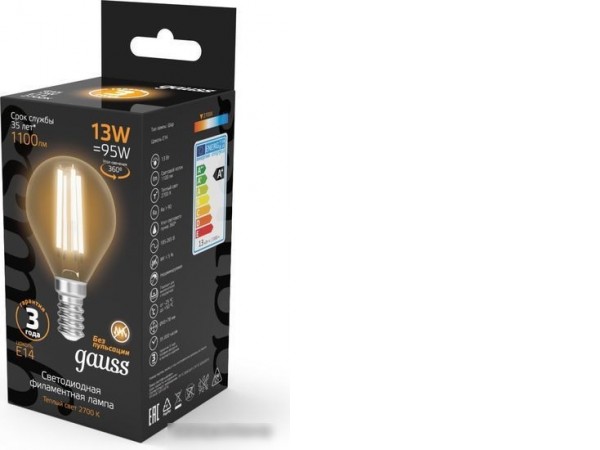 Светодиодная лампочка Gauss Filament Шар 13W 1100lm 2700К Е14 LED 1/10/50 105801113