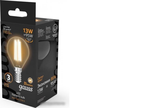 Светодиодная лампочка Gauss Filament Шар 13W 1100lm 2700К Е14 LED 1/10/50 105801113