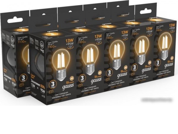 Светодиодная лампочка Gauss Filament Шар 13W 1100lm 2700К Е27 LED 1/10/50 105802113