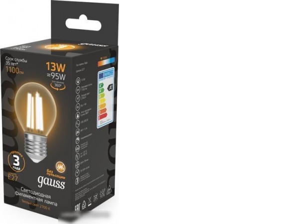 Светодиодная лампочка Gauss Filament Шар 13W 1100lm 2700К Е27 LED 1/10/50 105802113
