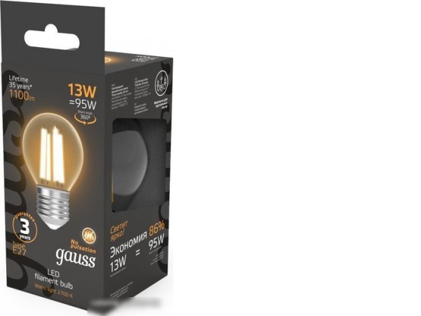 Светодиодная лампочка Gauss Filament Шар 13W 1100lm 2700К Е27 LED 1/10/50 105802113