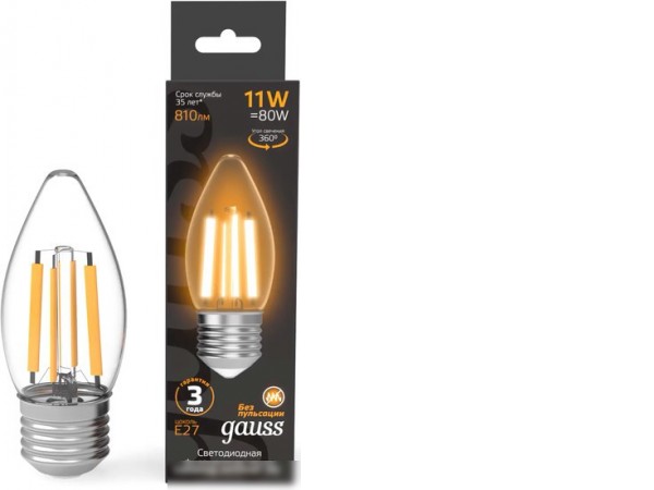 Светодиодная лампочка Gauss Filament Свеча 11W 810lm 2700К Е27 LED 1/10/50 103802111