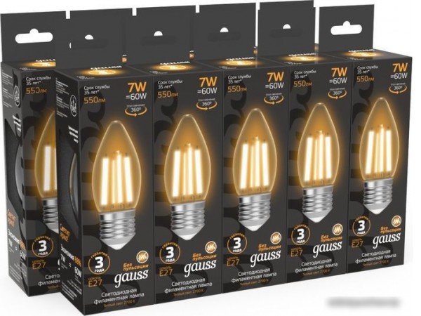 Светодиодная лампочка Gauss Filament Свеча 7W 550lm 2700К Е27 LED 1/10/50 103802107