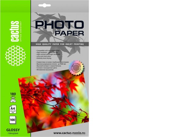 Фотобумага CACTUS Глянцевая A4 180 г/кв.м. 100 листов CS-GA4180100