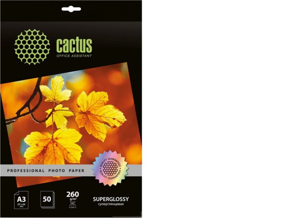 Фотобумага CACTUS суперглянцевая A3 260г/м2 50 л Prof CS-HGA326050