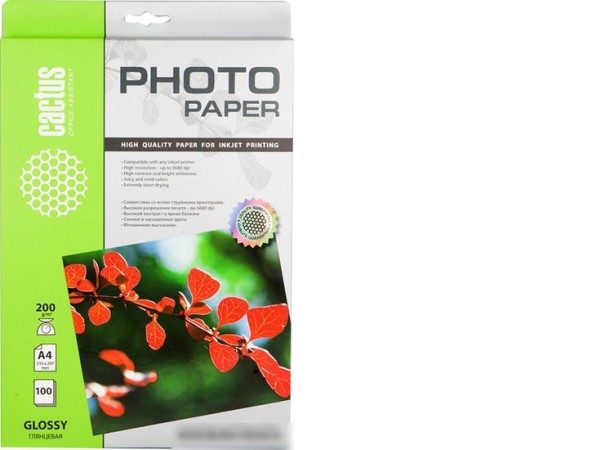 Фотобумага CACTUS Глянцевая A4 200 г/кв.м. 100 листов(CS-GA4200100)