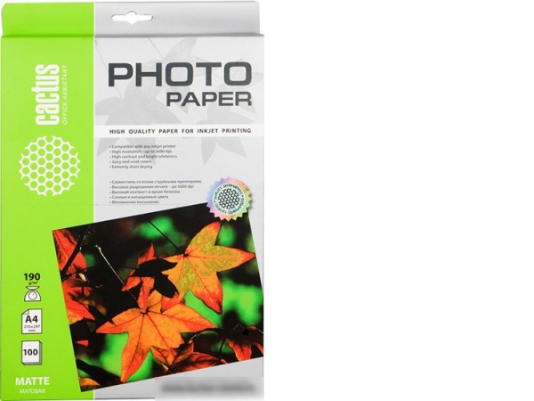 Фотобумага CACTUS Матовая A4 190 г/кв.м. 100 листов(CS-MA4190100)