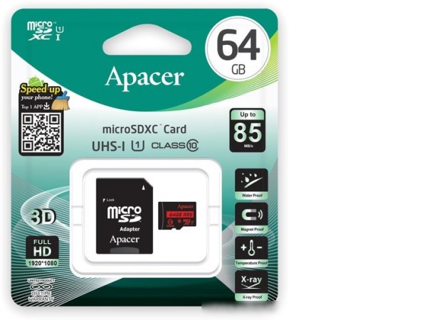Карта памяти Apacer microSDXC AP64GMCSX10U5-R 64GB (с адаптером)